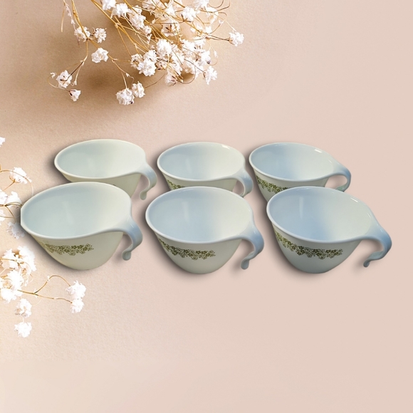 Vintage Corelle 6 Spring Blossom Butterfly Green Hook Handle Stackable Cups - Picture 2 of 5